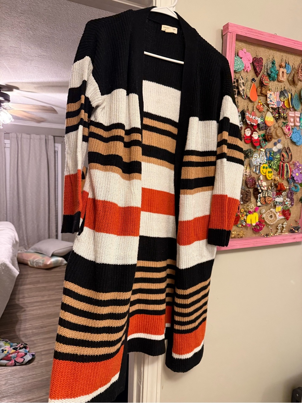 Chic Soul Striped Open-Front Cardigan Sweater in Black, White & Orange
